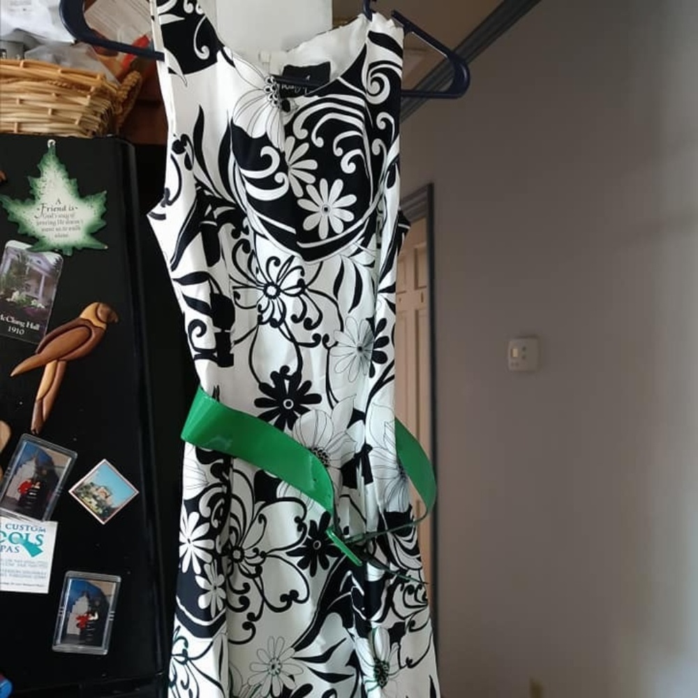 White, Black, and Green Belted Dress